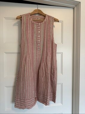 Faherty Pink and Cream Sleeveless Striped Linen Midi Dress